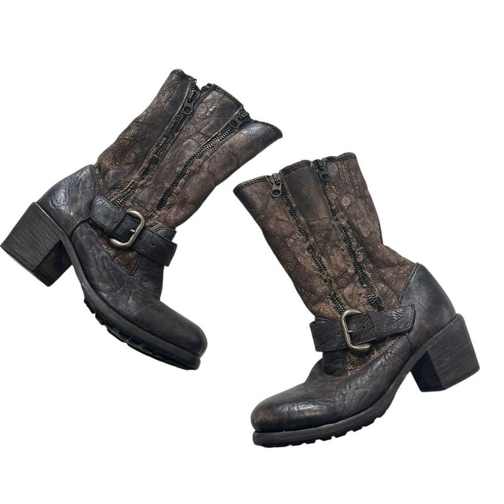 Nylo Distressed Leather Shearling Double Zip Booties Brown EU 39 Made in Italy